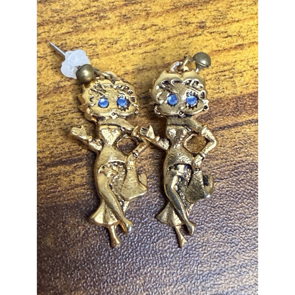 Vintage‎ Betty Boop Gold Tone Dangle Stud Earrings Gemstone Blue Eyes Rare